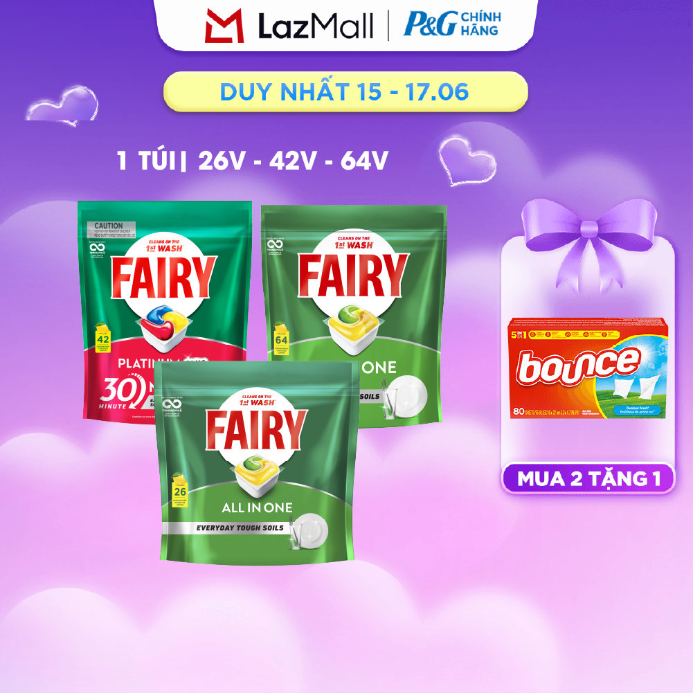 Viên Rửa Chén 3IN1 Fairy All In One/Platinum Túi 26 Viên/42 Viên/64 Viên - Châu Âu