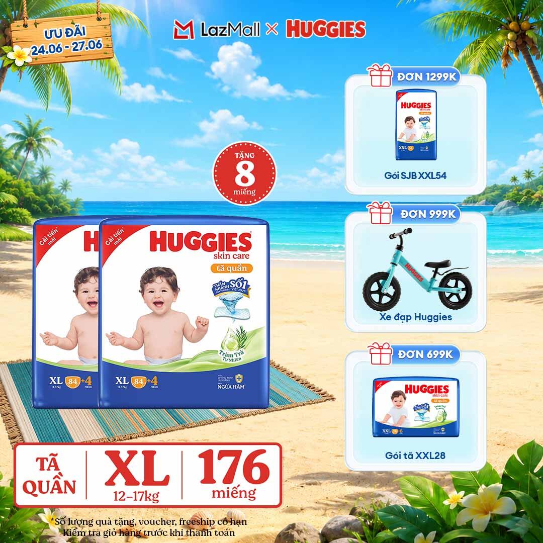 [Chỉ 25-29.06 GIẢM THÊM 90K]  Combo 2 Gói Tã/bỉm quần HUGGIES SKINCARE MEGA JUMBO size XL84+4 miếng