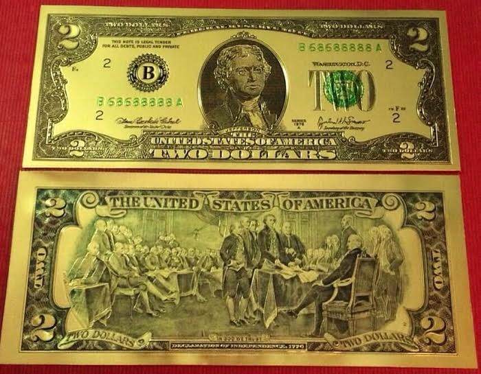 Tiền Đô La Mạ Vàng Mệnh giá 2$, 100$