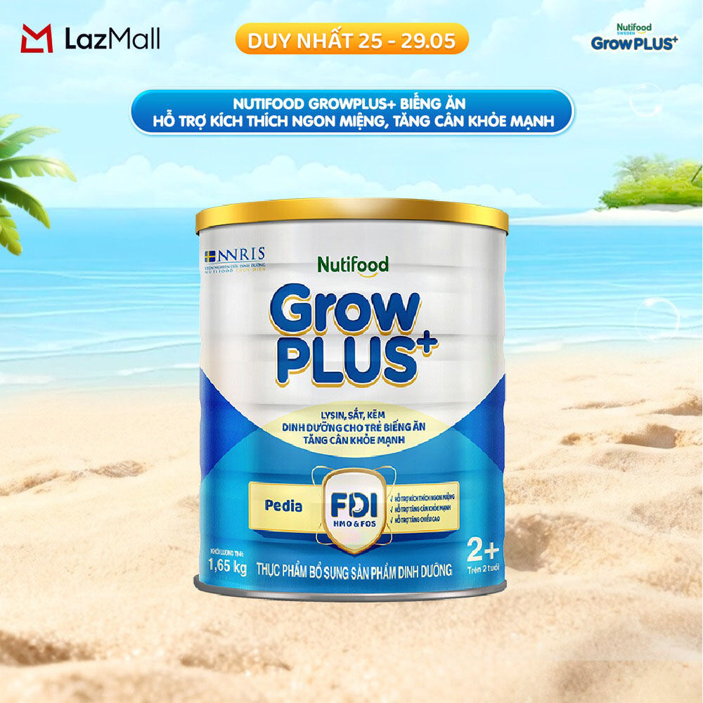 Sữa Bột Nutifood GrowPLUS+ Biếng Ăn (Xanh) 2+ - Hỗ Trợ Kích Thích Ngon Miệng, Tăng Cân Khỏe Mạnh (Lon 1,65 Kg)