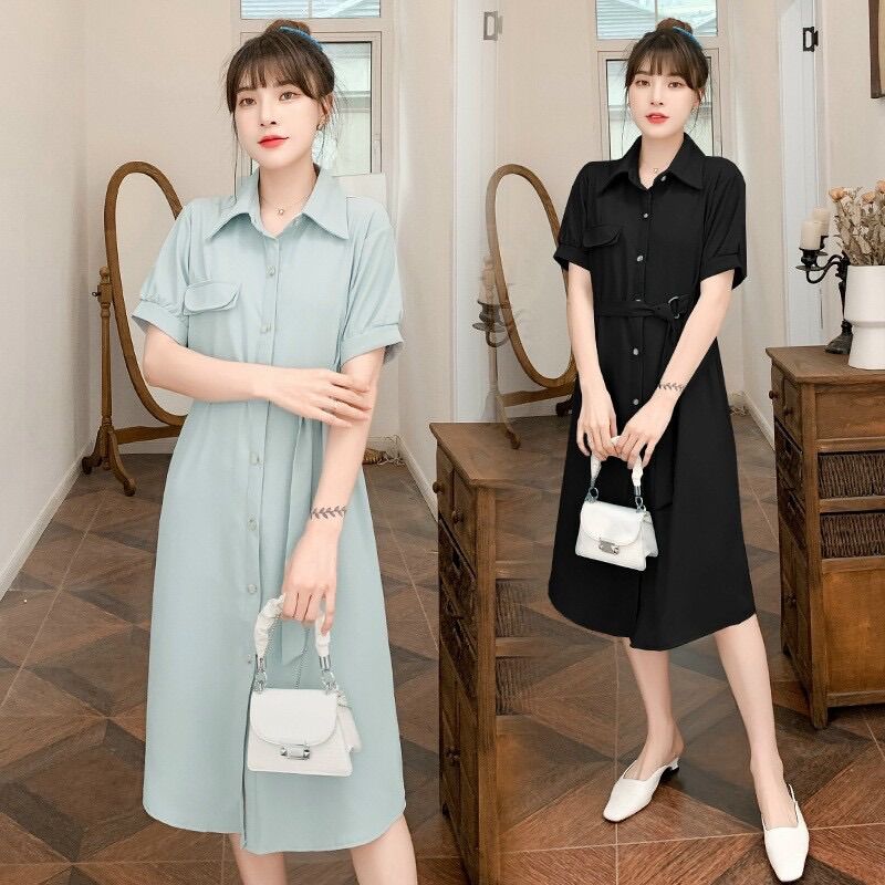Đầm bầu sơ mi xanh công sở