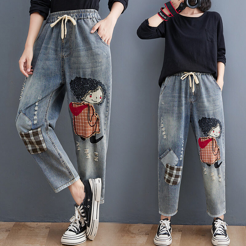 Cạp Chun Denim Harem Quần Nữ Rộng Rãi Cỡ Lớn Bắp Cải Chín Mảnh Quần Mùa Thu Sửa Chữa Bản Vá Thêu Mùaquần Jean
