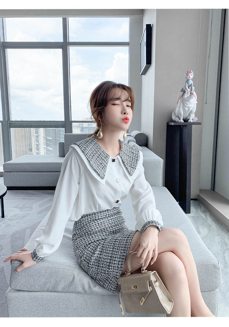 Set Áo Sơ Mi Phối Váy Dạ Tweed Trắng Đen Siêu Đẹp
