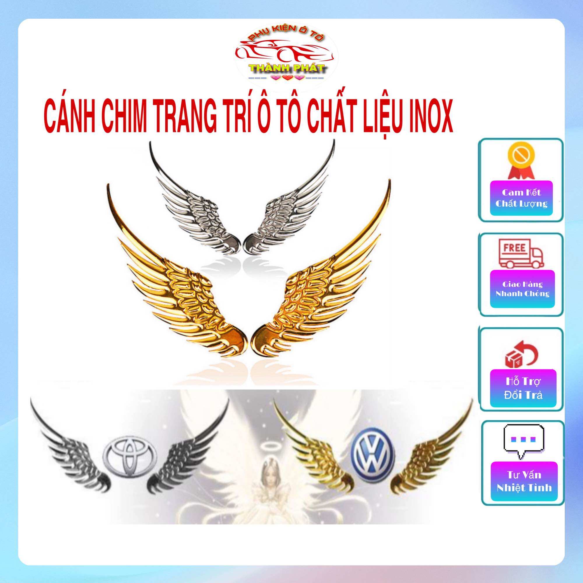 Logo Cánh Chim Thiên Thần Kim Loại 3D Dán Trang Trí Ô Tô Xe Hơi