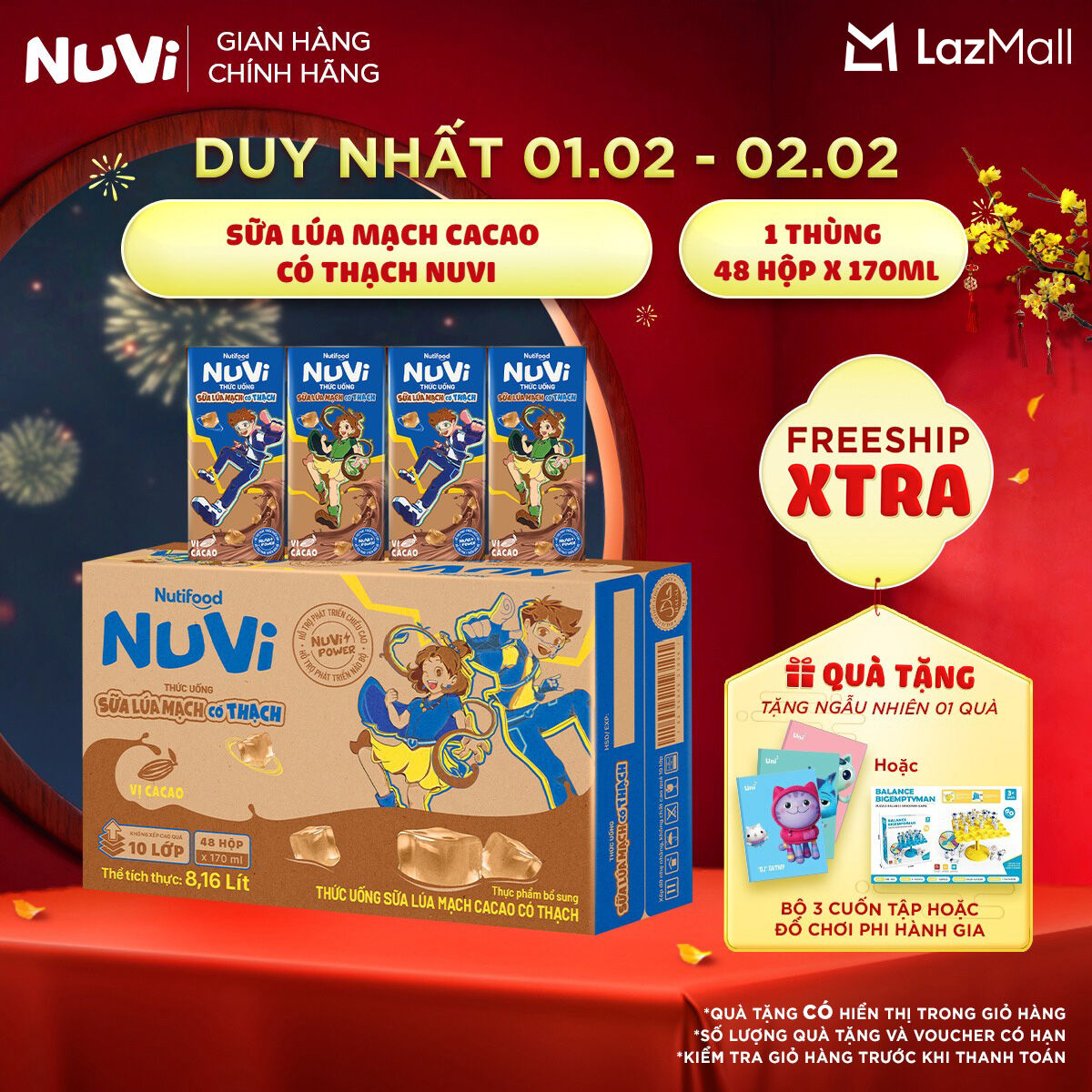 Thùng 48 Hộp Thức Uống Sữa Lúa Mạch Cacao Có Thạch NuVi 170ml