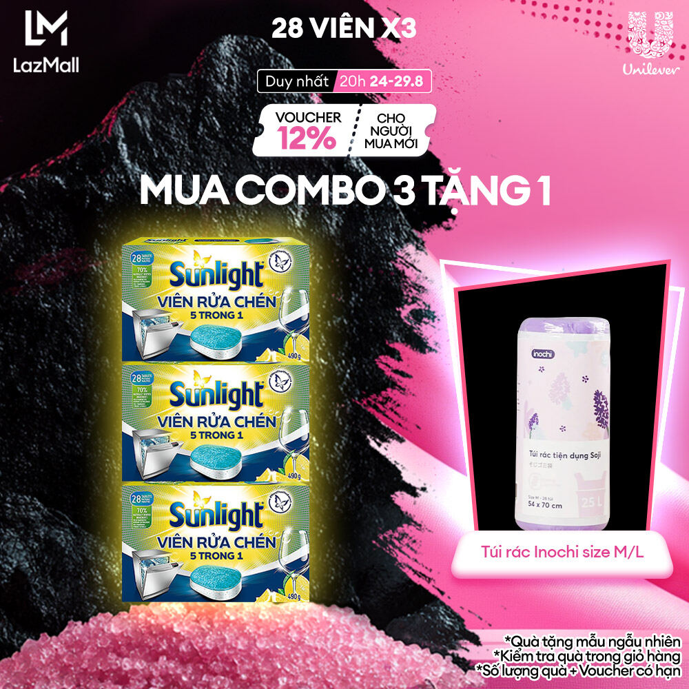 Combo 3 Hộp Viên Rửa Chén Bát Sunlight 5 In 1 Cho Máy Rửa Chén Bát (28V/Hộp)
