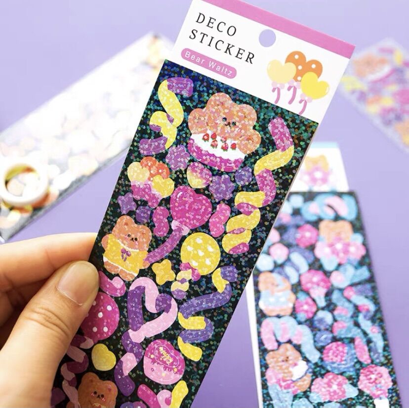 Set 2 tấm sticker ruy băng gấu béo lấp lánh