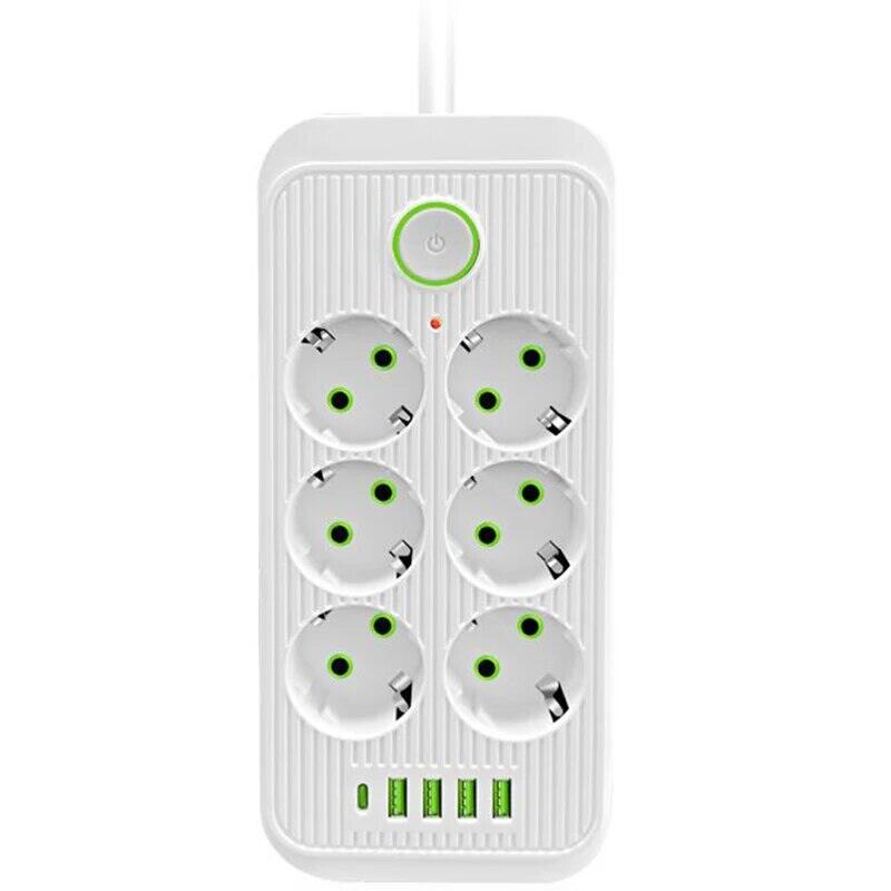 Ổ cắm điện eu dải cáp nối dài 2m ổ cắm đa năng 6ac với 4 usb 1 type-c sạc nhanh ổ cắm điện không nối đất