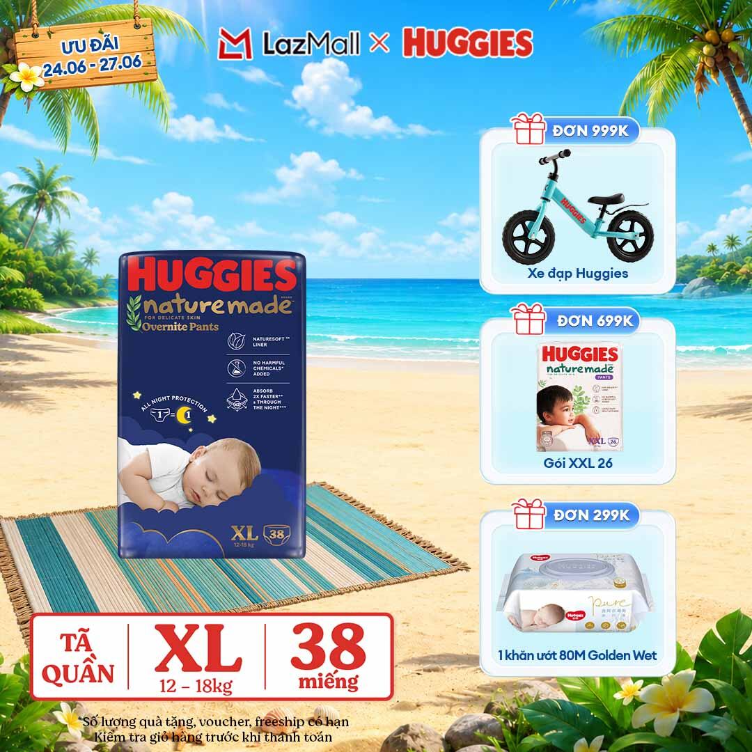 [Chỉ 25-29.06 QUÀ TẶNG ĐƠN 399K](Mua 1 tặng 1) Tã quần Huggies Naturemade ban đêm XL38