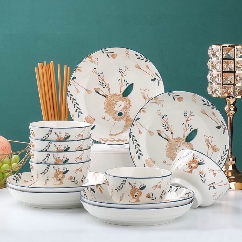 Set bát đũa 18 món hoạ tiết nai siêu rẻ - ảnh thật