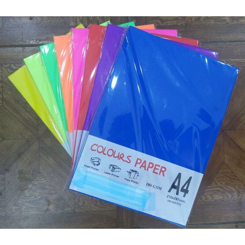 Xấp 100 tờ bìa Thái dày khổ A4 định lượng 180gsm màu dạ quang thơm (8 màu: đỏ cam hồng tím xanh dương xanh lá vàng đậm vàng nhạt)