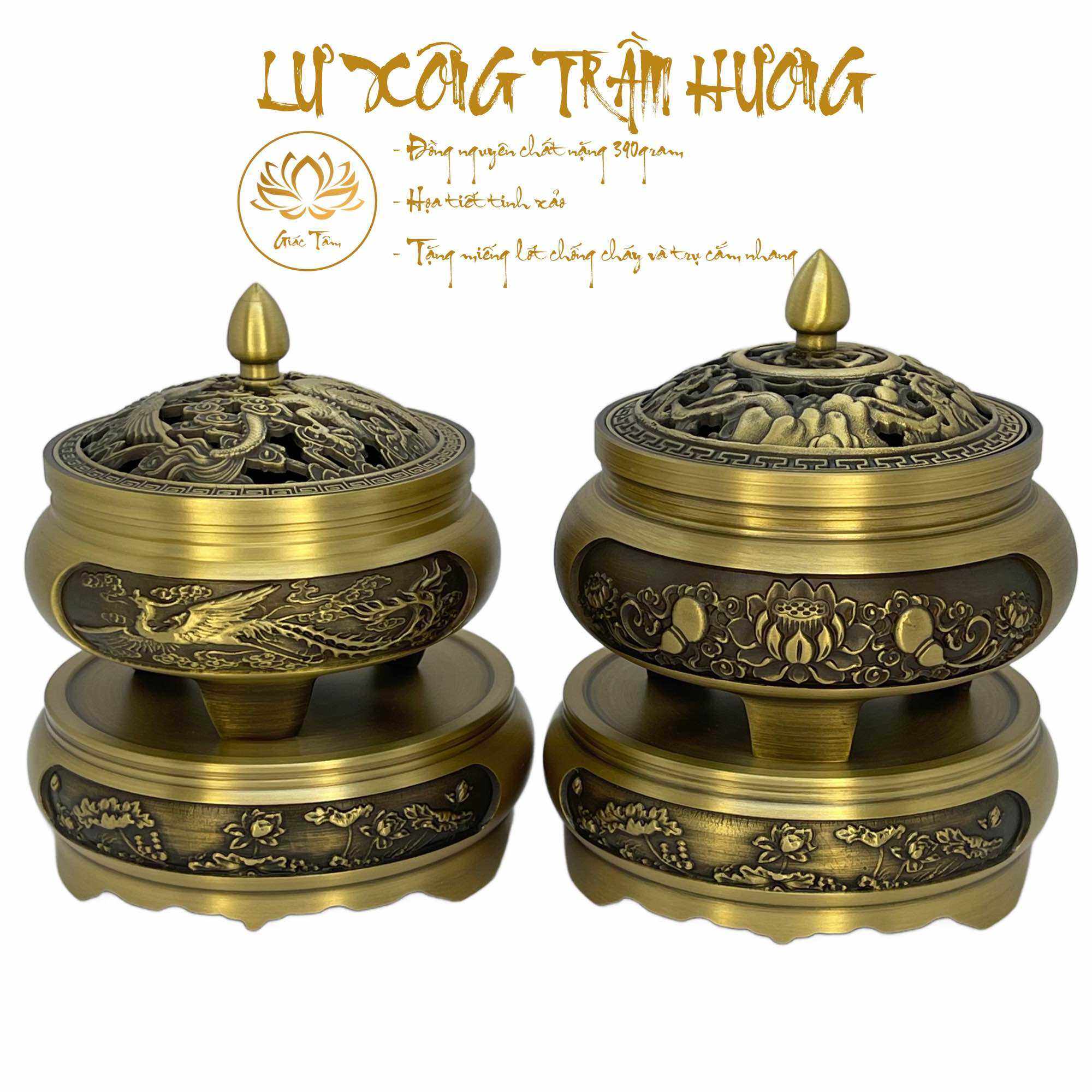 Bộ lư đốt trầm hương, lư xông trầm hương bằng Đồng họa tiết Hoa sen Cao cấp
