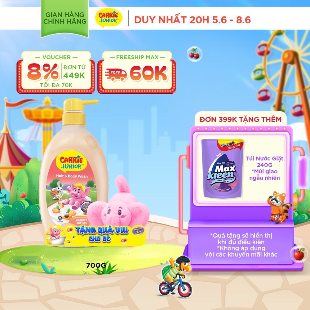 [TẶNG KÈM Voi bông | màu ngẫu nhiên] Chai Sữa Tắm Gội Cho Bé Carrie Junior Yoghurt chiết xuất trái cây thiên nhiên hương Mơ Tây 700g
