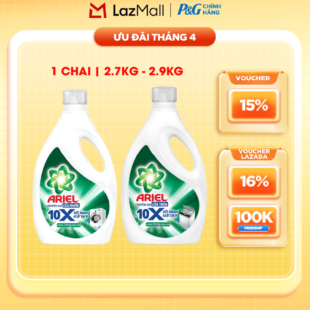 Nước Giặt Gel ARIEL 10X Sức Mạnh Giặt Sạch Chuyên Gia Cửa Trước/Cửa Trên Hương Downy Nắng Sớm Chai 2.7KG/2.9KG
