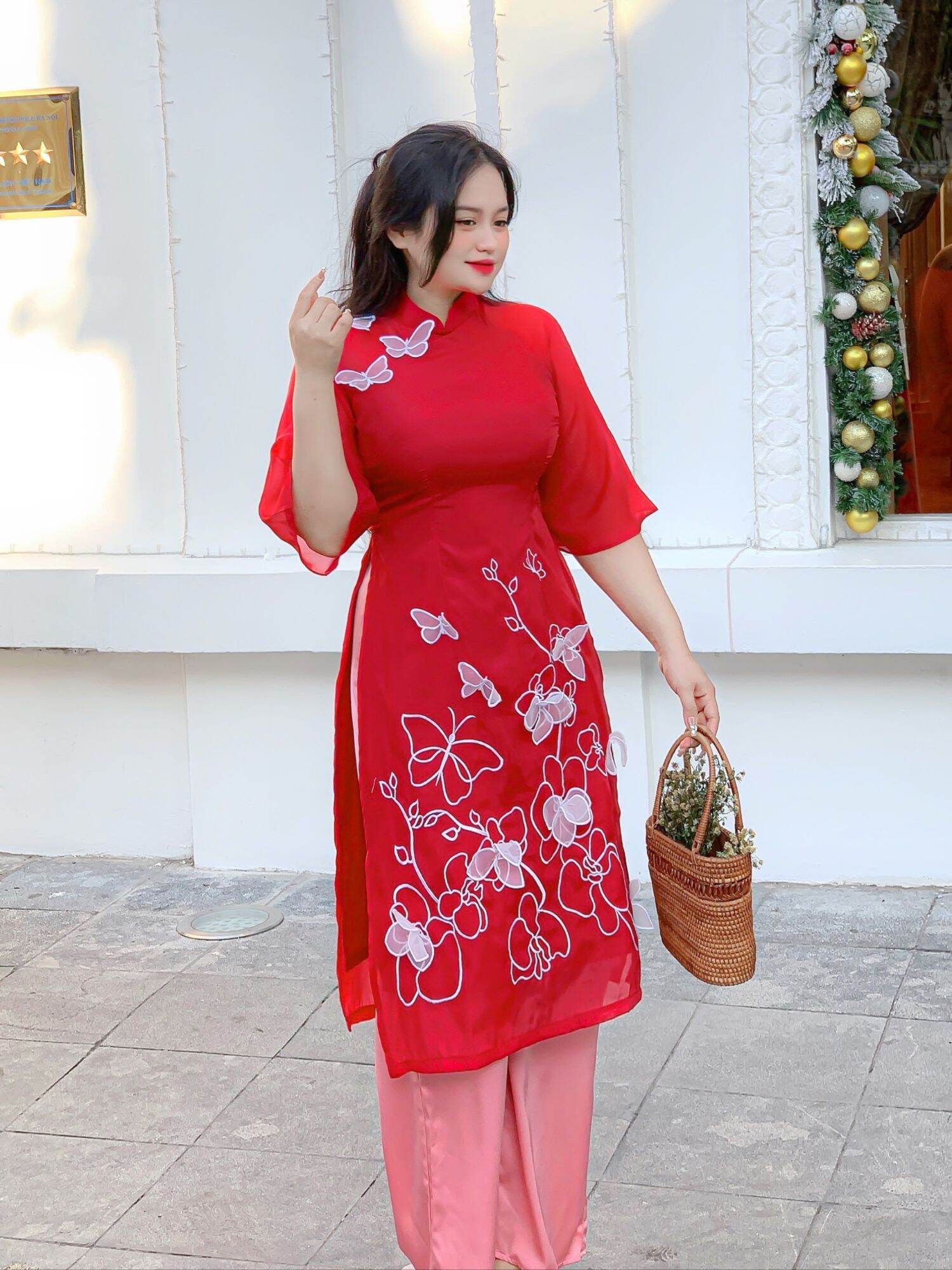 ÁO DÀI BIGSIZE ĐỎ ĐÍNH HOA BƯỚM PHỐI QUẦN (L-2XL)
