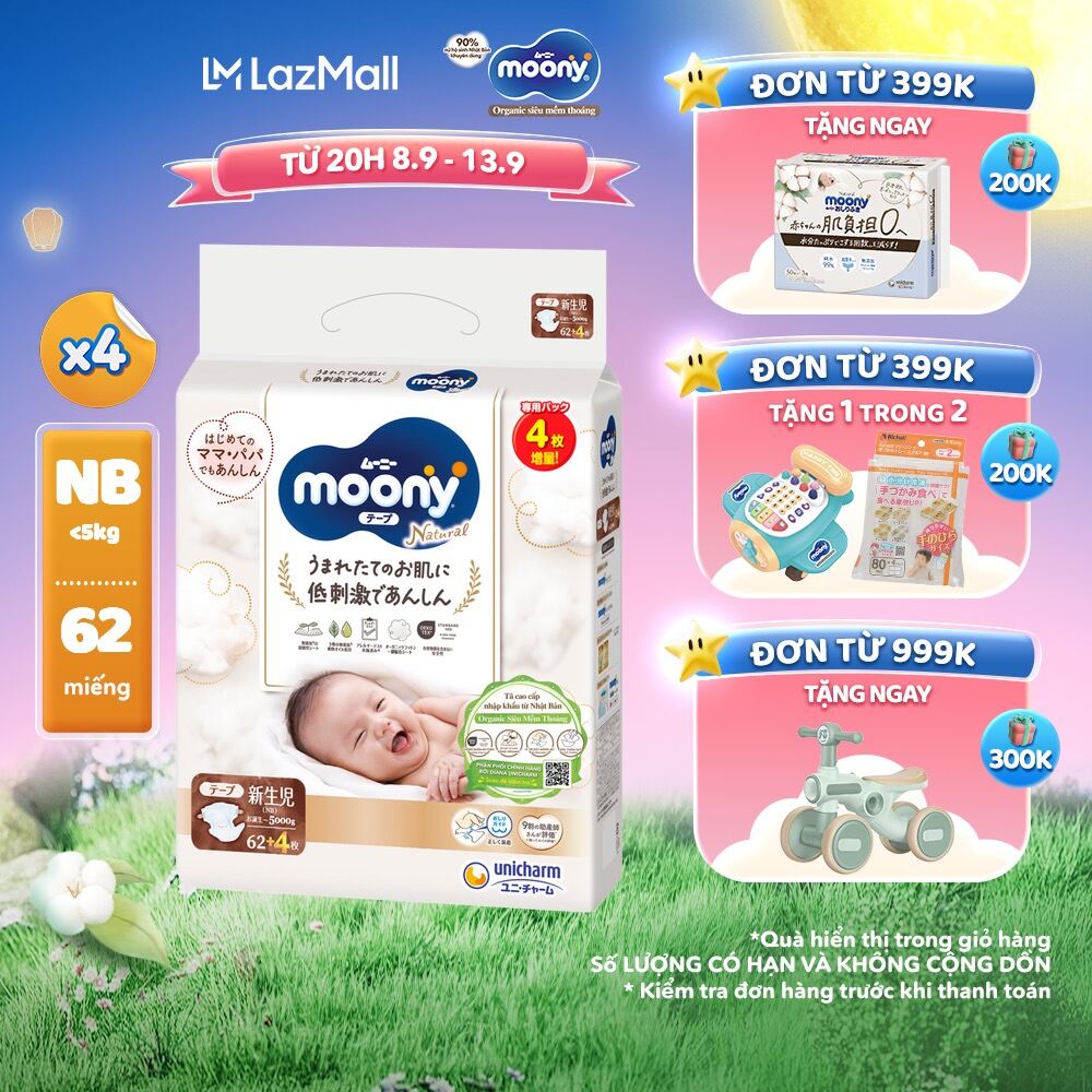  Tã/Bỉm dán organic siêu cao cấp Moony Natural Newborn 62+4 miếng