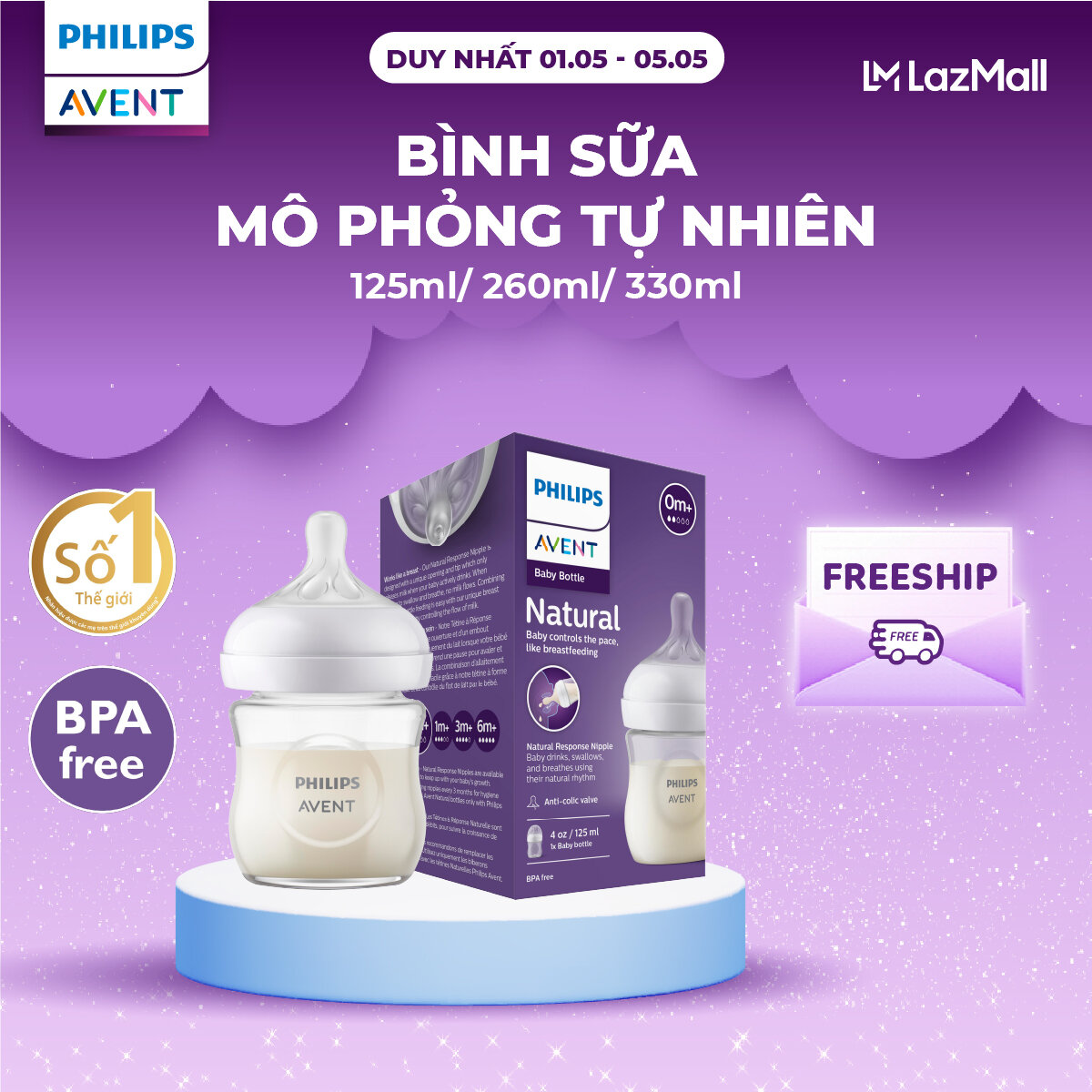 Bình Sữa Mô Phỏng Tự Nhiên Mới Philips Avent Natural Response - Cảm giác và động tác ti như ti tự nhiên - 125ml/ 260ml/ 330ml ( Hộp 1 bình)