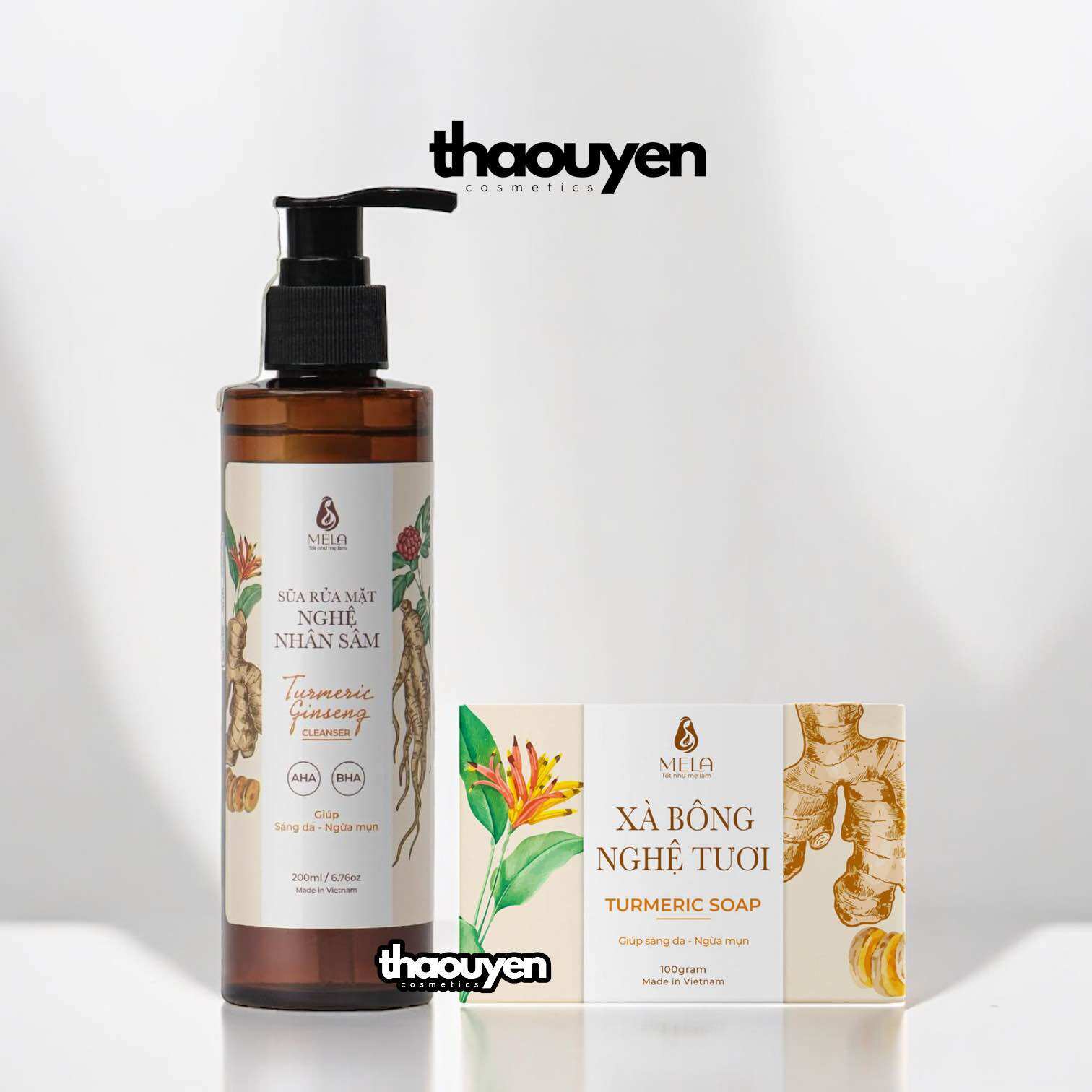Combo xà bông nghệ và sữa rửa mặt nghệ nhân sâm mela