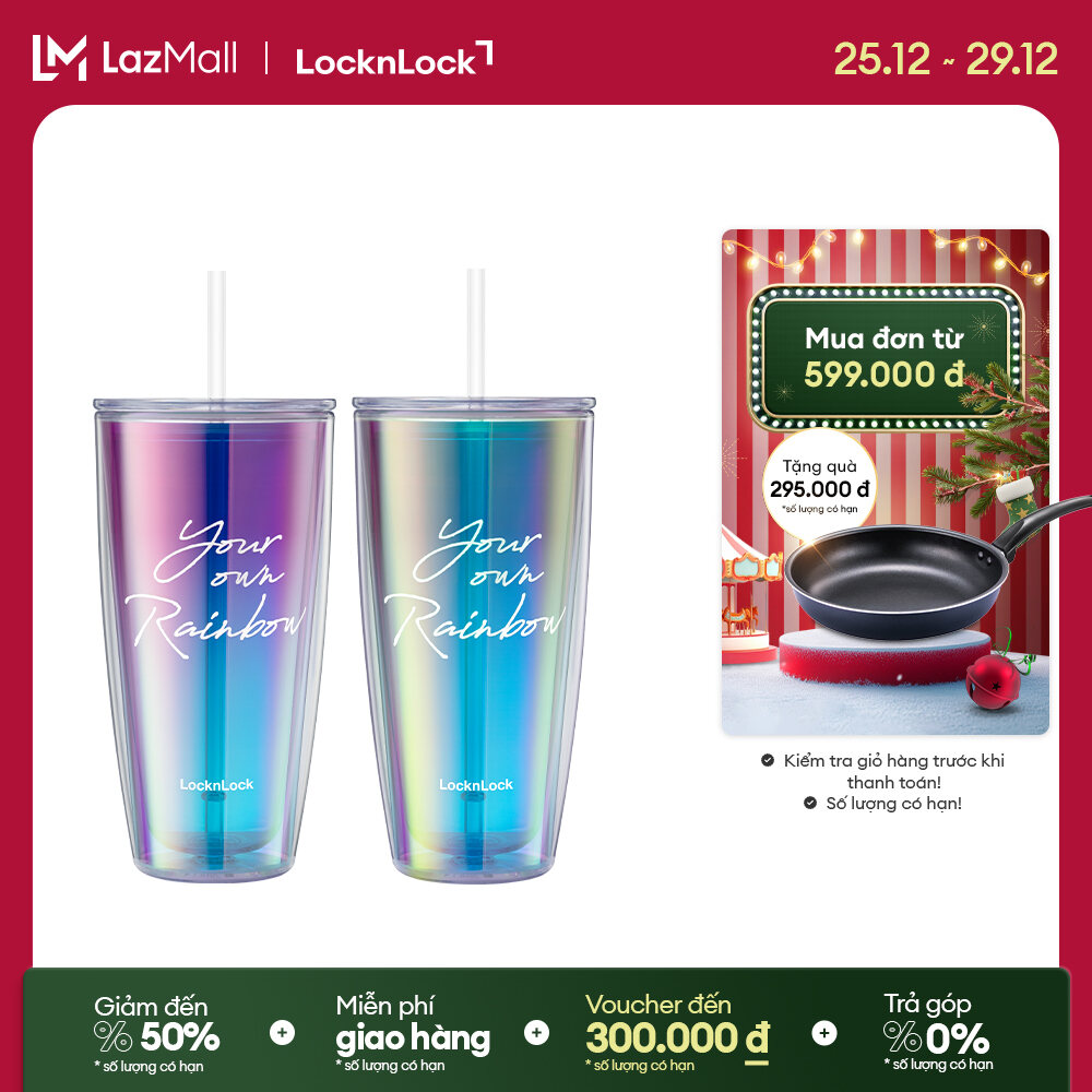 Ly nhựa 2 lớp Lock&Lock màu Violet kèm ống hút Your Own Rainbow double wall cold cup with straw HAP507VOLH