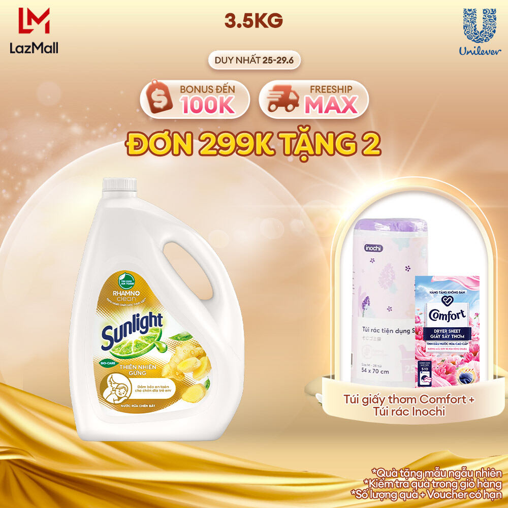 Nước rửa chén Sunlight Thiên Nhiên Gừng 100% Gốc thực vật Chai 3.5kg