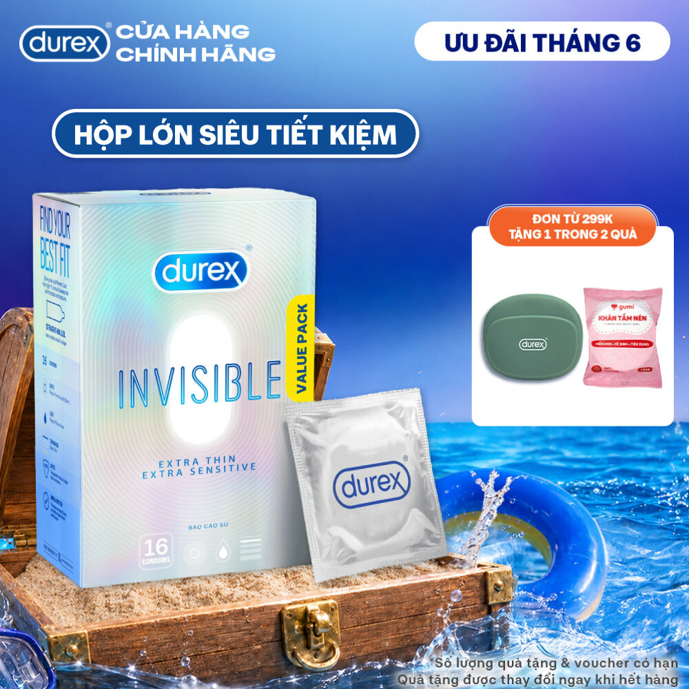 Bao Cao Su Durex Invisible Siêu Mỏng, Size 52 mm, Hộp 16 Bao Mới Ra Mắt - Hộp Lớn Siêu Tiết Kiệm