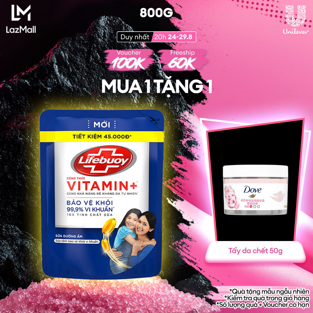 Sữa tắm Lifebuoy 800g Chăm sóc da dưỡng ẩm mềm mịn giúp bảo vệ khỏi 99.9% vi khuẩn và ngăn ngừa vi khuẩn lây lan trên da (Túi)
