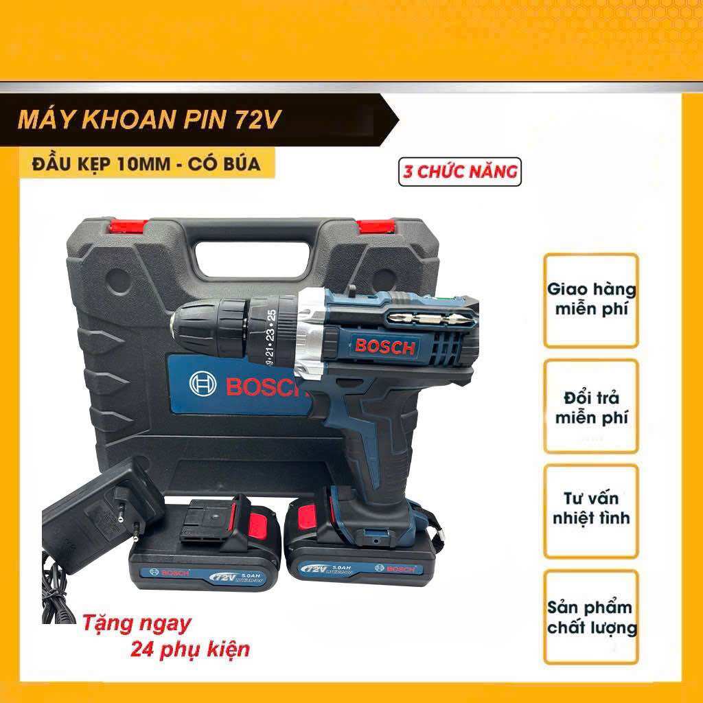 Máy khoan pin Bosch 72v máy khoan cầm tay 3 chức năng có búa tặng bộ phụ kiện 24 chi tiết 