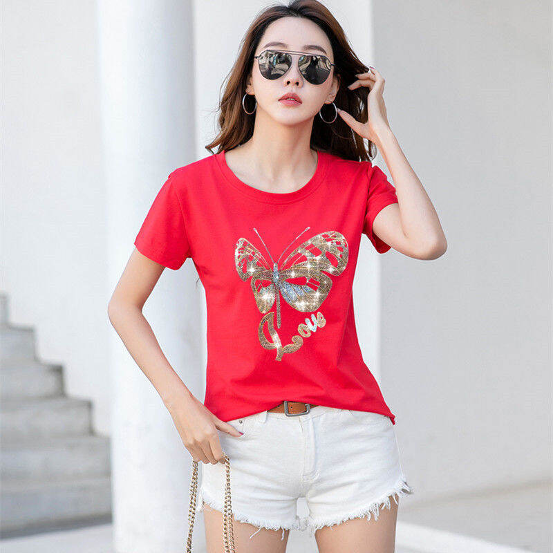Áo Thun Ngắn Tay Cotton Trang Phục Nữ Cỡ Lớn Đính Đá Mùa Hè Phong Cách Hàn Quốc Cho Nữ Áo Mặc Trong Tôn Dáng Cổ Tròn Áo Dễ Phối Tay Lỡ