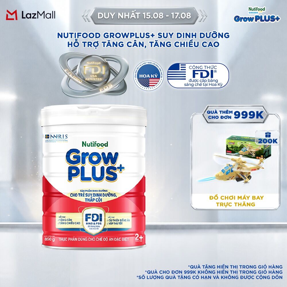 Sữa bột Nutifood GrowPLUS+ Suy Dinh Dưỡng (Đỏ) 2+ - Tăng Cân, Tăng Chiều Cao (Lon 850G)