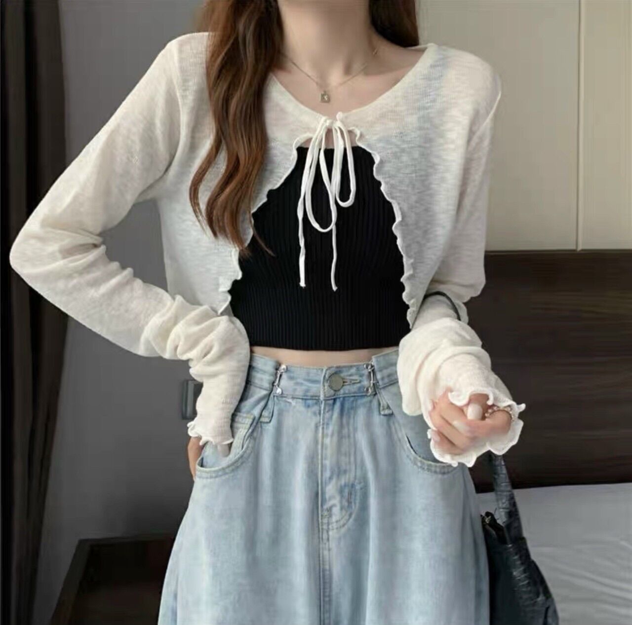 Áo khoác mỏng cadigan len dáng ngắn buộc dây và áo 2 dây len hàng QC
