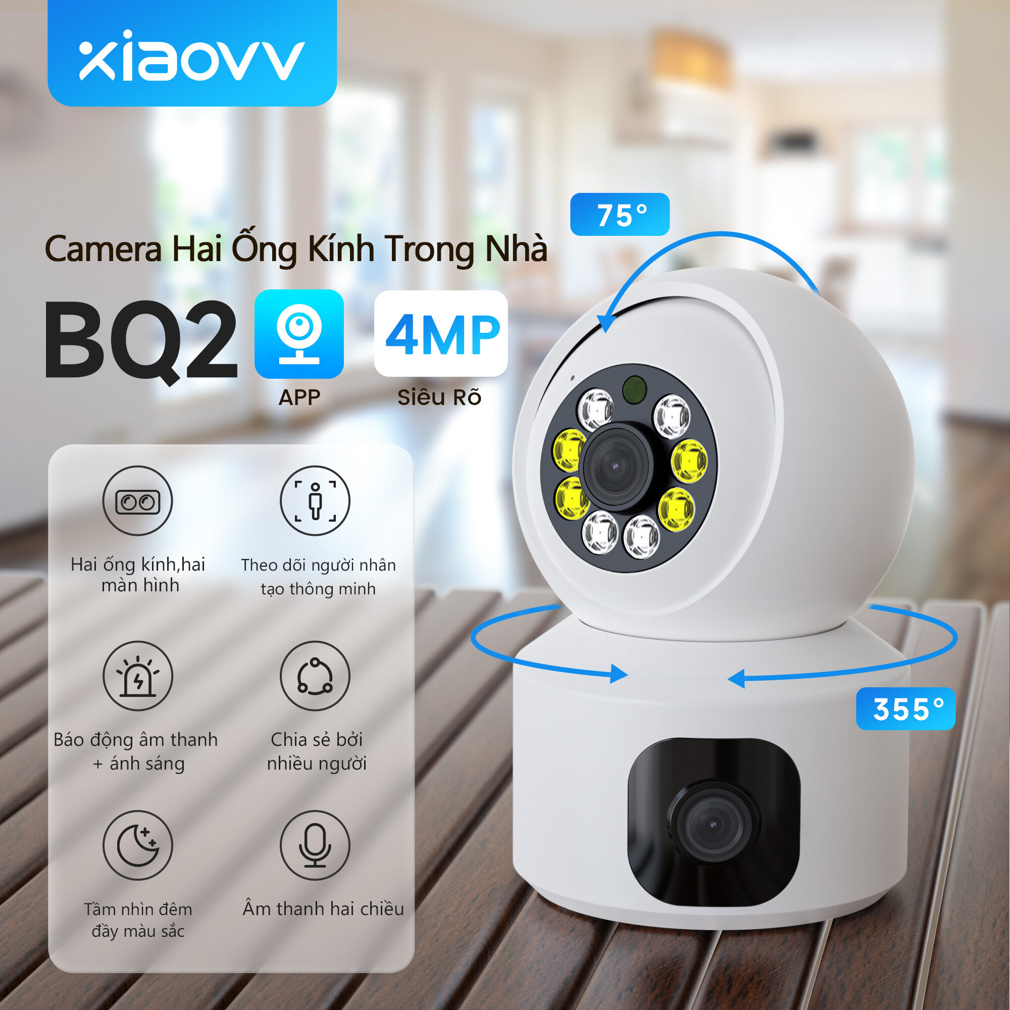 xiaovv (use V380 Pro APP) BQ2 Dual Lens Smart PTZ Indoor Camera IP WiFi Wireless Baby Monitor 355° Rotation Full Color Night Vision Phone Remote For House Security CCTV Intelligent monitoring