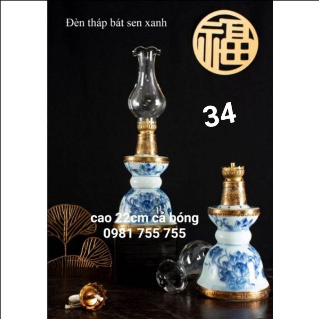 Đèn đốt dầu đèn thờ men lam bọc đồng - gốm sứ bát tràng chính hiệu