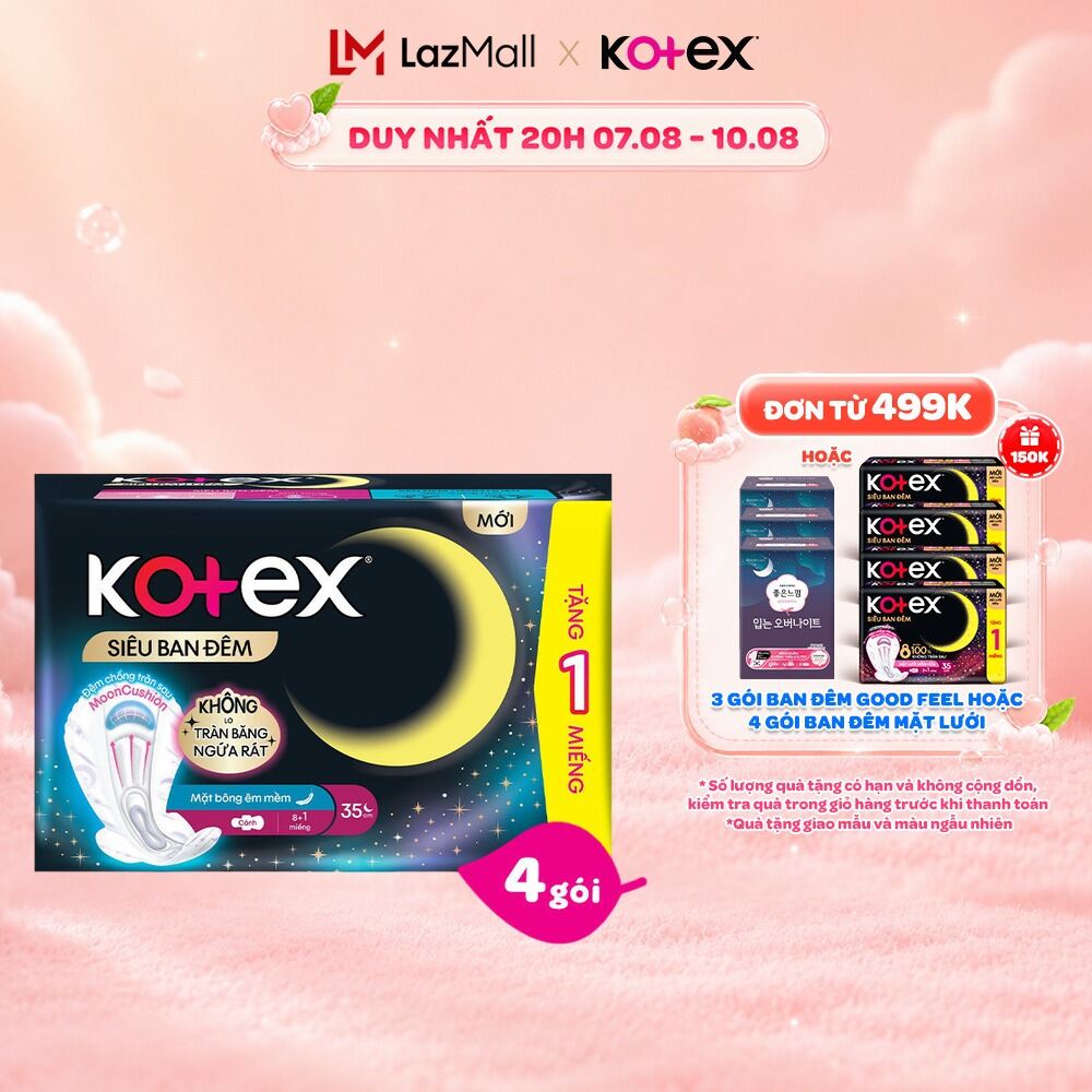 Combo 4/Combo 8 gói Băng vệ sinh Kotex Siêu Ban Đêm 28cm/35cm Mặt lưới Mềm hóa