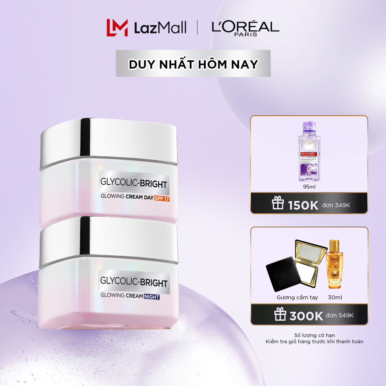 Bộ kem dưỡng ngày đêm sáng da tức thì L'Oreal Paris Glycolic Bright Glowing Cream 50mlx2