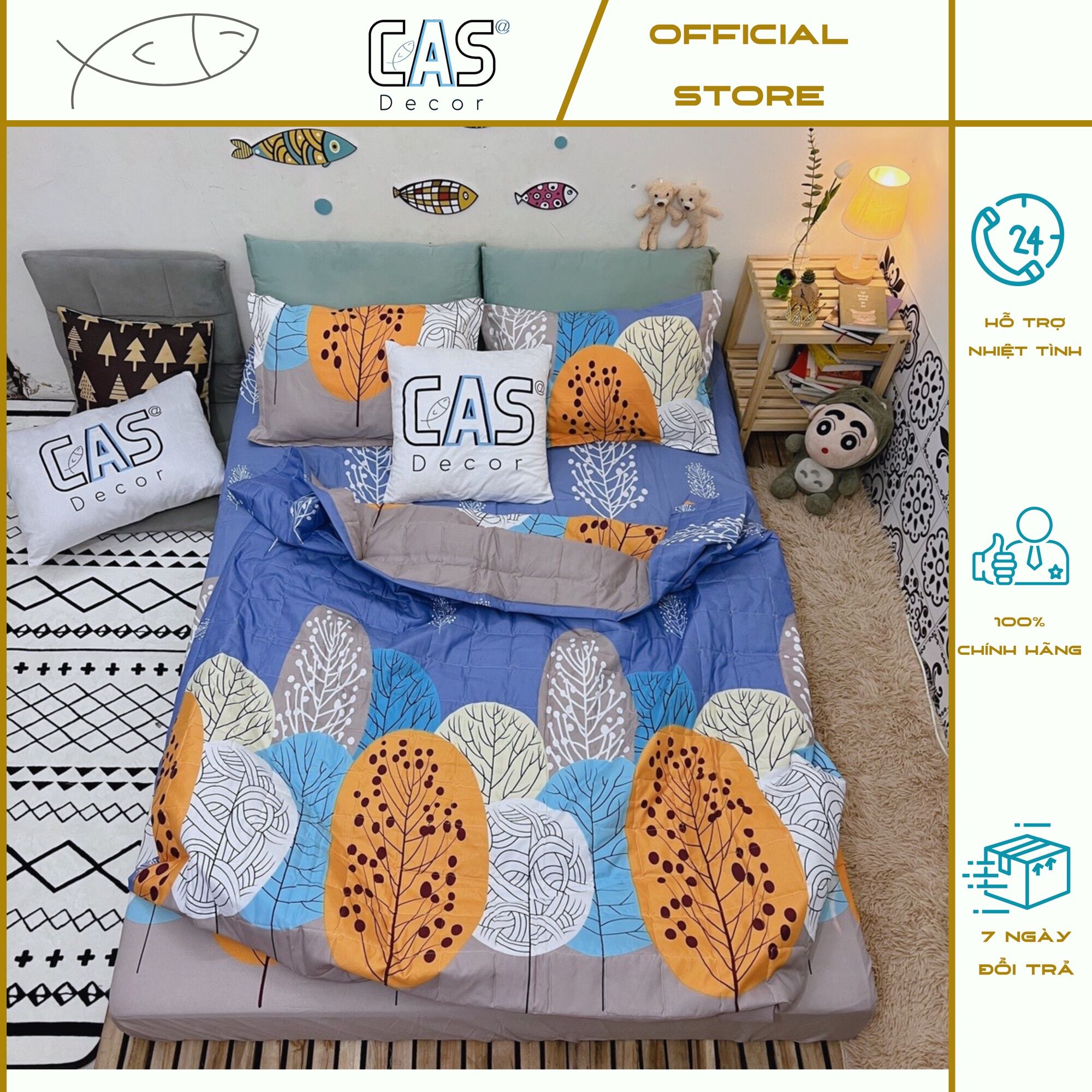 Bộ chăn ga gối cotton poly cas decor - hình lá cọ