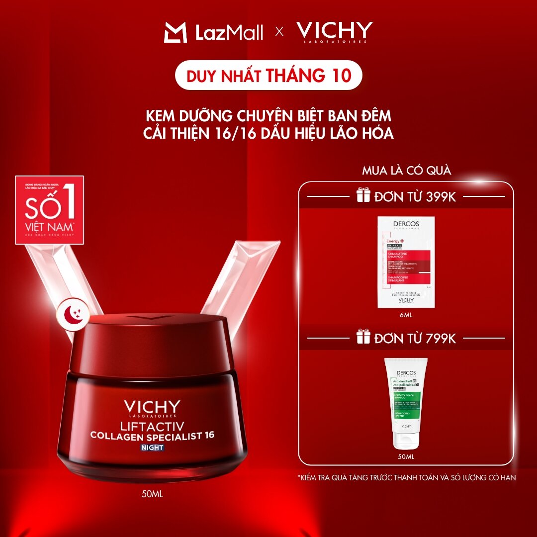 Kem dưỡng giúp cải thiện trọn 16 dấu hiệu lão hóa, giảm nếp nhăn, sáng da, dùng ban đêm Vichy Collagen 16 Night 50ml