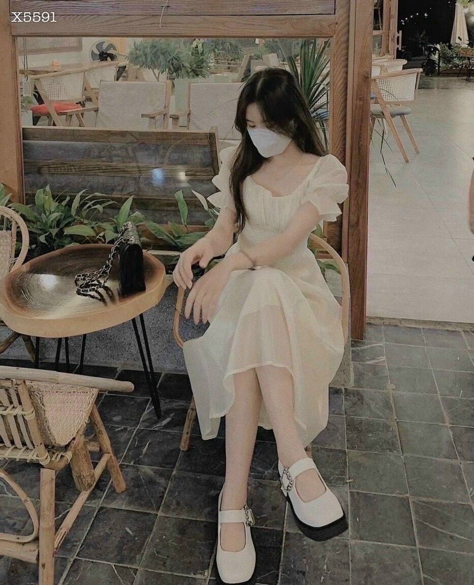 Đầm midi xếp ly nhún ngực tay phồng