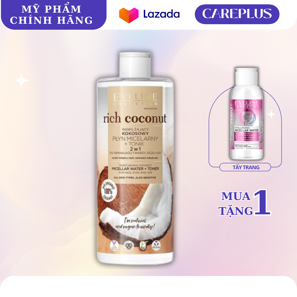 [ TẶNG TẨY TRANG 100ML ]  Nước tẩy trang Eveline Rich Coconut dưỡng ẩm tinh dầu dừa 2 tác động 500ML
