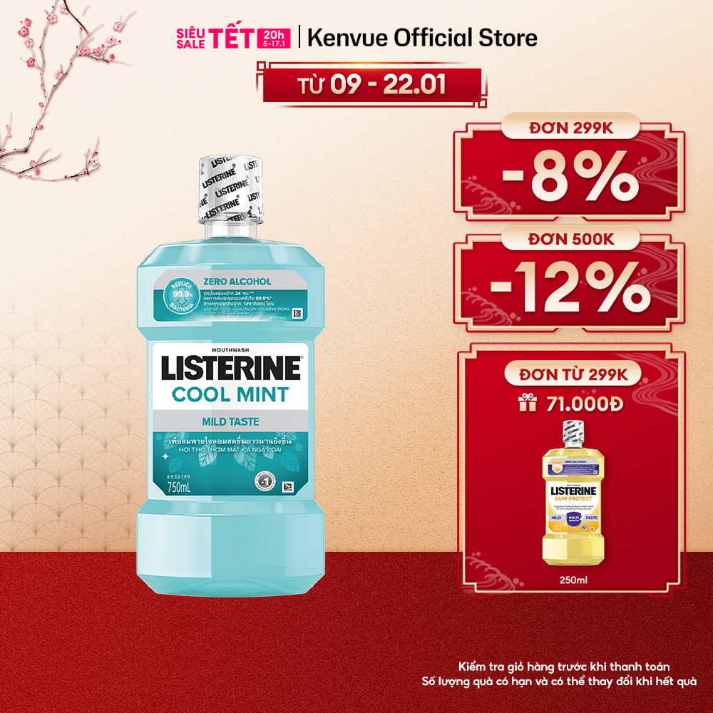 Nước Súc Miệng Listerine Không Cay Giúp Hơi Thở Thơm Mát - Cool Mint Zero Alcohol - Dung Tích 750ml