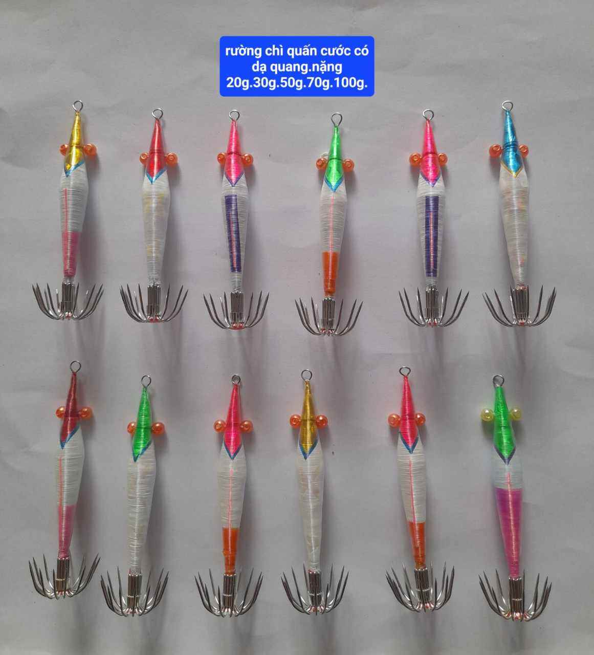 Mồi câu mực ống dài 6cm nặng 20g.com bo 10 con đủ màu