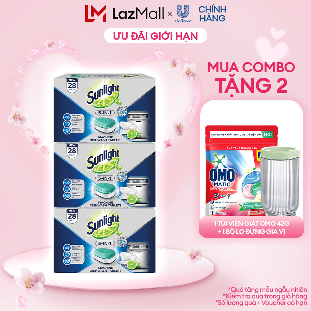 Combo 3 Hộp Viên Rửa Chén Bát Sunlight 5 In 1 Cho Máy Rửa Chén Bát (28V/Hộp) (bao bì tùy lô nhập hàn