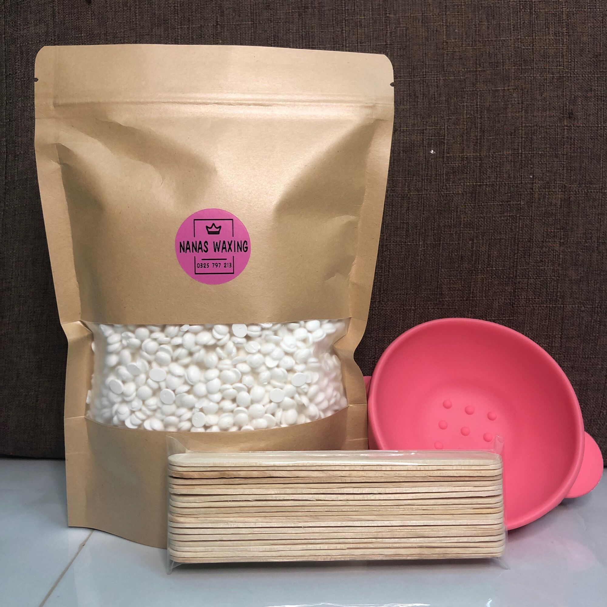 Sáp wax lông dừa 500g + chén silicon + mỡ chăn 20ml + que wax