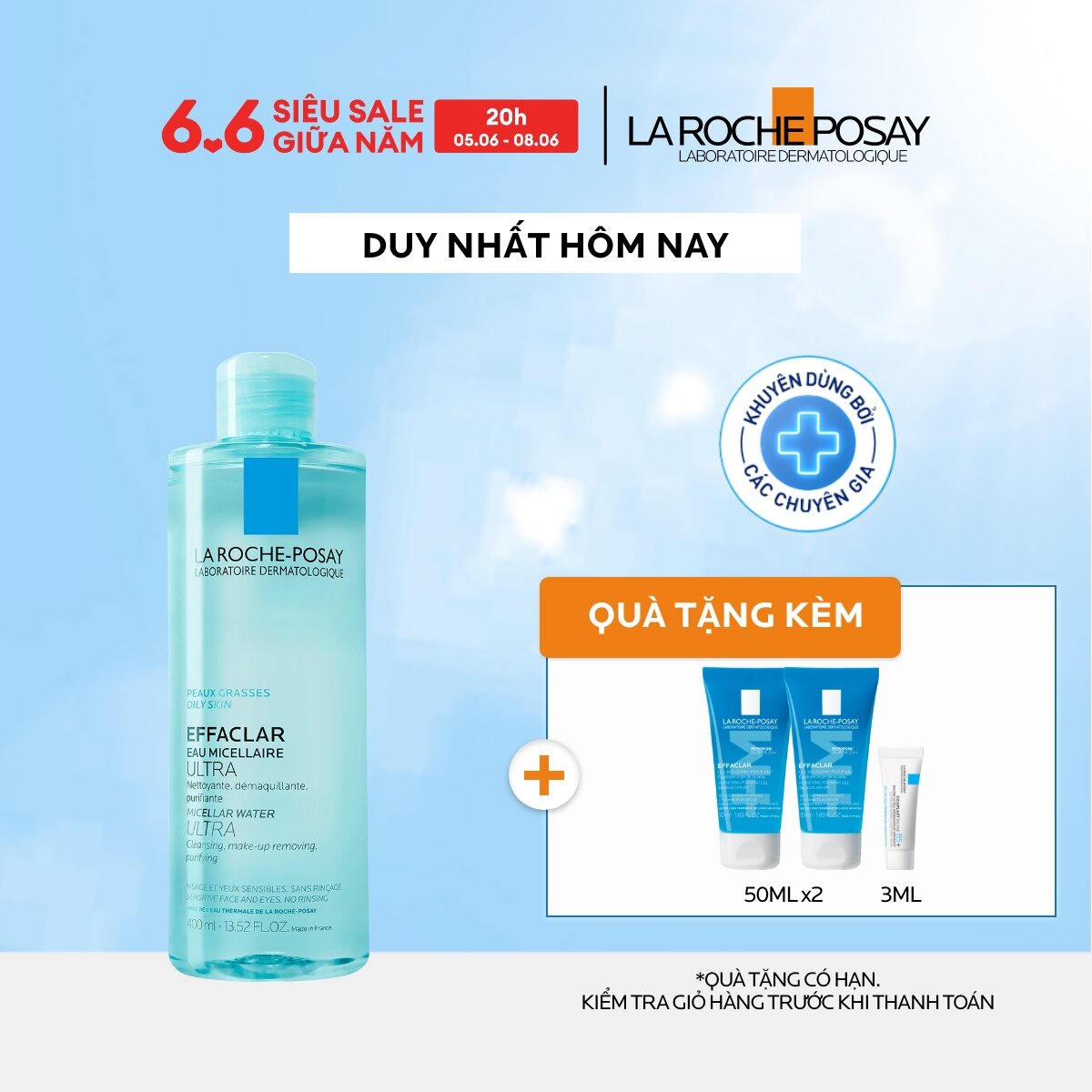 Nước làm sạch sâu và tẩy trang dành cho da mụn, da dầu nhạy cảm La Roche-Posay Effaclar Micellar Water 400ml