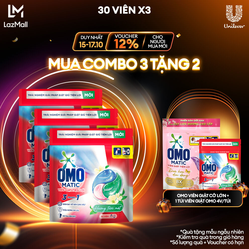 Combo 3 túi viên giặt tiện lợi OMO 3 trong 1  Hương tươi mát  (30 viên/túi)