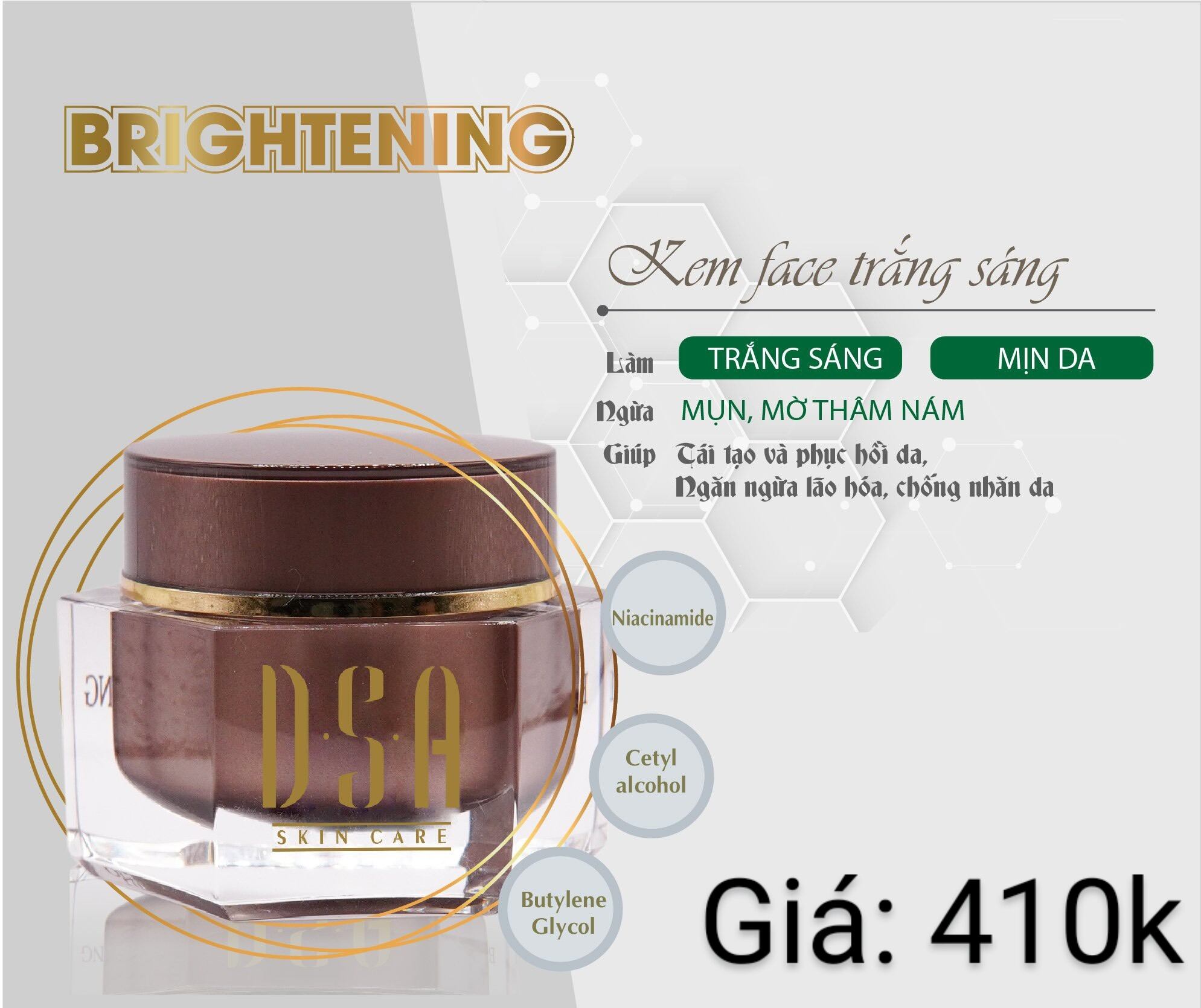 Dưỡng trắng mịn da, mờ thâm, ngăn ngừa lão hóa; giúp tái tạo phục hồi da, chống nắng, ngăn ngừa mụn