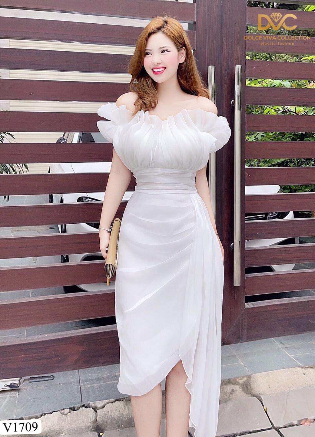V1709 Váy trắng trần vai