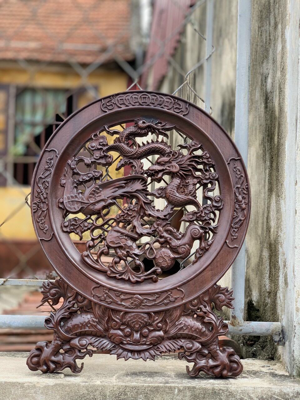 Đĩa tứ linh hội tụ 35x45cm gỗ gụ