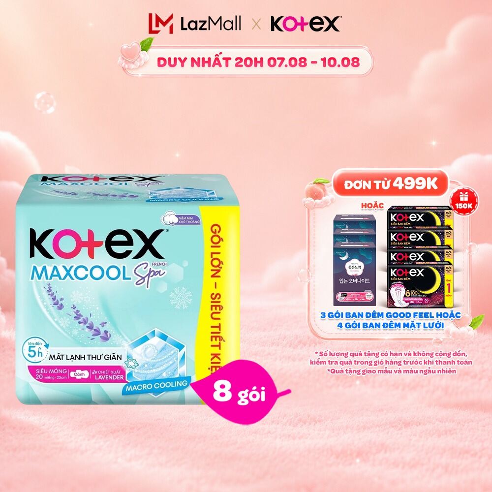 Combo 8 gói băng vệ sinh Kotex Maxcool French Spa Siêu mỏng cánh 23cm (20M/gói)
