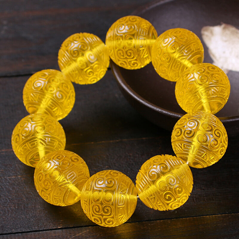 Vòng tay hổ phách vàng hổ phách vàng sáp ong vàng nga vòng tay văn tâm kinh vân hồi điêu khắc hạt tròn phụ kiện hạt ngọc tâm kinh