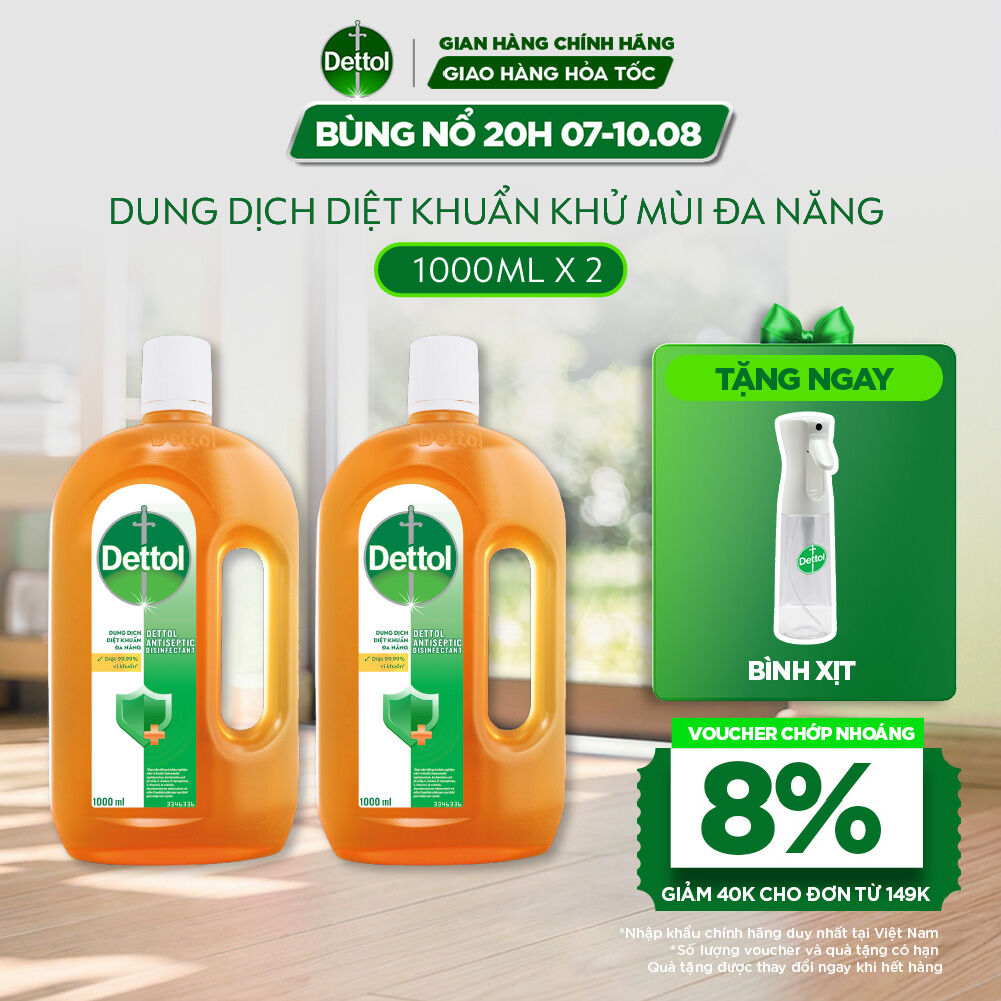 Combo 2 Chai Dung Dịch Diệt Khuẩn Khử Mùi Đa Năng Dettol, chai 1L